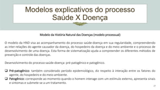Modelos explicativos do processo
Saúde X Doença
27
Modelo da História Natural das Doenças (modelo processual)
O modelo da HND visa ao acompanhamento do processo saúde-doença em sua regularidade, compreendendo
as inter-relações do agente causador da doença, do hospedeiro da doença e do meio ambiente e o processo de
desenvolvimento de uma doença. Esta forma de sistematização ajuda a compreender os diferentes métodos de
prevenção e controle das doenças.
Desenvolvimento do processo saúde-doença: pré-patogênico e patogênico.
 Pré-patogênico: também considerado período epidemiológico, diz respeito à interação entre os fatores do
agente, do hospedeiro e do meio ambiente.
 Patogênico: corresponde ao momento quando o homem interage com um estímulo externo, apresenta sinais
e sintomas e submete-se a um tratamento.
 