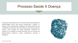 Processo Saúde X Doença
Título da apresentação 29
O processo saúde-doença é um conceito central da proposta de
epidemiologia social, que procura caracterizar a saúde e a
doença como componentes integrados de modo dinâmico nas
condições concretas de vida das pessoas e dos diversos grupos
sociais; cada situação de saúde específica, individual ou
coletiva, é o resultado, em dado momento, de um conjunto de
determinantes históricos, sociais, econômicos, culturais e
biológicos.
 