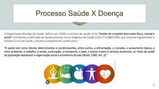 Processo Saúde X Doença
30
A Organização Mundial da Saúde, definiu em 1948 o conceito de saúde como “estado de completo bem-estar físico, mental e
social”. Entretanto, a definição de saúde presente na Lei Orgânica de Saúde (LOS) nº 8.080/1990, que inclusive regulamente o
Sistema Único de Saúde, conceitua amplamente saúde como::
“A saúde tem como fatores determinantes e condicionantes, entre outros, a alimentação, a moradia, o saneamento básico, o
meio ambiente, o trabalho, a renda, a educação, o transporte, o lazer, o acesso a bens e serviços essenciais; os níveis de saúde
da população expressam a organização social e econômica do país (Brasil, 1990, Art. 3).”
 