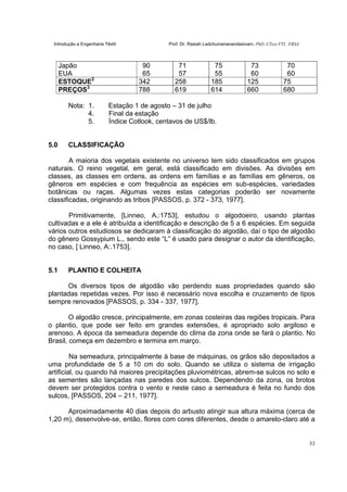 Introdução a Engenharia Têxtil Prof. Dr. Rasiah Ladchumananandasivam, PhD, CText FTI., FRSA
33
Japão
EUA
90
65
71
57
75
55
73
60
70
60
ESTOQUE2
342 258 185 125 75
PREÇOS3
788 619 614 660 680
Nota: 1. Estação 1 de agosto – 31 de julho
4. Final da estação
5. Índice Cotlook, centavos de US$/lb.
5.0 CLASSIFICAÇÃO
A maioria dos vegetais existente no universo tem sido classificados em grupos
naturais. O reino vegetal, em geral, está classificado em divisões. As divisões em
classes, as classes em ordens, as ordens em famílias e as famílias em gêneros, os
gêneros em espécies e com frequência as espécies em sub-espécies, variedades
botânicas ou raças. Algumas vezes estas categorias poderão ser novamente
classificadas, originando as tribos [PASSOS, p. 372 - 373, 1977].
Primitivamente, [Linneo, A.:1753], estudou o algodoeiro, usando plantas
cultivadas e a ele é atribuída a identificação e descrição de 5 a 6 espécies. Em seguida
vários outros estudiosos se dedicaram à classificação do algodão, daí o tipo de algodão
do gênero Gossypium L., sendo este “L” é usado para designar o autor da identificação,
no caso, [ Linneo, A:.1753].
5.1 PLANTIO E COLHEITA
Os diversos tipos de algodão vão perdendo suas propriedades quando são
plantadas repetidas vezes. Por isso é necessário nova escolha e cruzamento de tipos
sempre renovados [PASSOS, p. 334 - 337, 1977].
O algodão cresce, principalmente, em zonas costeiras das regiões tropicais. Para
o plantio, que pode ser feito em grandes extensões, é apropriado solo argiloso e
arenoso. A época da semeadura depende do clima da zona onde se fará o plantio. No
Brasil, começa em dezembro e termina em março.
Na semeadura, principalmente à base de máquinas, os grãos são depositados a
uma profundidade de 5 a 10 cm do solo. Quando se utiliza o sistema de irrigação
artificial, ou quando há maiores precipitações pluviométricas, abrem-se sulcos no solo e
as sementes são lançadas nas paredes dos sulcos. Dependendo da zona, os brotos
devem ser protegidos contra o vento e neste caso a semeadura é feita no fundo dos
sulcos, [PASSOS, 204 – 211, 1977].
Aproximadamente 40 dias depois do arbusto atingir sua altura máxima (cerca de
1,20 m), desenvolve-se, então, flores com cores diferentes, desde o amarelo-claro até a
 