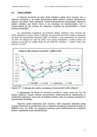 Introdução a Engenharia Têxtil Prof. Dr. Rasiah Ladchumananandasivam, PhD, CText FTI., FRSA
91
9.7. CONCLUSÕES
A balança comercial do setor têxtil brasileiro sofreu duro impacto com a
abertura comercial e, se antes apresentava saldo positivo, embora decrescente,
passou a ter déficit. Hoje, entretanto, o setor encontra-se em recuperação, depois de
adotar medidas que deram início a um processo de reestruturação, com a
modernização de seu parque de máquinas, aumento de produtividade e novas
técnicas de gestão7
.
As exportações brasileiras de produtos têxteis bateram novo recorde em
2004, chegando a quase US$ 2,1 bilhões, com aumento de 25,5% sobre o resultado
de 2003 As importações atingiram US$ 1,4 bilhões, o que representa um aumento
de 34% em relação ao valor de 2003. Com esses resultados, o saldo positivo da
balança comercial da cadeia têxtil foi de US$ 657 milhões, o melhor saldo dos
últimos 12 anos8
.
Figura 9.11 Evolução dos saldos da balança comercial têxtil (US$ milhões)8
A participação do Brasil no comércio mundial é, ainda, cerca de 1%. Os
países asiáticos, nossos maiores concorrentes, modernizaram-se rapidamente e,
atualmente aparecem, junto com os Estados Unidos, entre os maiores produtores e
exportadores de têxteis.
Algumas ações realizadas pelo Governo, além daquelas adotadas pelas
próprias indústrias, já contribuíram com a melhoria da balança comercial do setor. O
BNDES criou, em 1996, um programa exclusivo para financiamento às indústrias
têxteis, respeitando suas características3
.
 