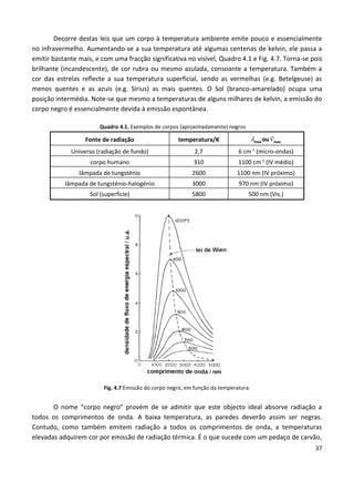 37
Decorre destas leis que um corpo à temperatura ambiente emite pouco e essencialmente
no infravermelho. Aumentando-se a sua temperatura até algumas centenas de kelvin, ele passa a
emitir bastante mais, e com uma fracção significativa no visível, Quadro 4.1 e Fig. 4.7. Torna-se pois
brilhante (incandescente), de cor rubra ou mesmo azulada, consoante a temperatura. Também a
cor das estrelas reflecte a sua temperatura superficial, sendo as vermelhas (e.g. Betelgeuse) as
menos quentes e as azuis (e.g. Sirius) as mais quentes. O Sol (branco-amarelado) ocupa uma
posição intermédia. Note-se que mesmo a temperaturas de alguns milhares de kelvin, a emissão do
corpo negro é essencialmente devida à emissão espontânea.
Quadro 4.1. Exemplos de corpos (aproximadamente) negros
Fonte de radiação temperatura/K  max maxou
Universo (radiação de fundo) 2,7 6 cm-1
(micro-ondas)
corpo humano 310 1100 cm-1
(IV médio)
lâmpada de tungsténio 2600 1100 nm (IV próximo)
lâmpada de tungsténio-halogénio 3000 970 nm (IV próximo)
Sol (superfície) 5800 500 nm (Vis.)
Fig. 4.7 Emissão do corpo negro, em função da temperatura.
O nome “corpo negro” provém de se admitir que este objecto ideal absorve radiação a
todos os comprimentos de onda. A baixa temperatura, as paredes deverão assim ser negras.
Contudo, como também emitem radiação a todos os comprimentos de onda, a temperaturas
elevadas adquirem cor por emissão de radiação térmica. É o que sucede com um pedaço de carvão,
 