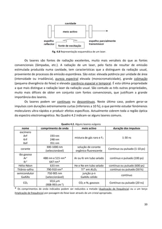 39
Fig. 4.8 Representação esquemática de um laser.
Os laseres são fontes de radiação excelentes, muito mais versáteis do que as fontes
convencionais (lâmpadas, etc.). A radiação de um laser, pelo facto de resultar de emissão
estimulada produzida numa cavidade, tem características que a distinguem da radiação usual,
proveniente de processos de emissão espontânea. São estas: elevada potência por unidade de área
(intensidade ou irradiância), pureza espectral elevada (monocromaticidade), grande colimação
(pequena divergência do feixe) e elevada coerência espacial e temporal. É esta última propriedade
a que mais distingue a radiação laser da radiação usual. São contudo as três outras propriedades,
muito mais difíceis de obter em conjunto com fontes convencionais, que justificam a grande
importância dos laseres.
Os laseres podem ser contínuos ou descontínuos. Neste último caso, podem gerar-se
impulsos com durações extremamente curtas (inferiores a 10 fs), o que permite estudar fenómenos
moleculares ultra-rápidos e produzir efeitos específicos. Actualmente cobrem toda a região óptica
do espectro electromagnético. No Quadro 4.2 indicam-se alguns laseres comuns.
Quadro 4.2. Alguns laseres vulgares
nome comprimento de onda meio activo duração dos impulsos
excímero
ArF
KrF
XeF
193 nm
248 nm
351 nm
mistura de gás raro e F2 1-30 ns
corante
300-1000 nm
(seleccionável)
solução de corante
orgânico fluorescente
Contínuo ou pulsado (1-10 ps)
ião gasoso
Ar+
Kr+
488 nm e 515 nm*
647 nm*
Ar ou Kr em tubo selado contínuo e pulsado (100 ps)
Hélio-Néon 633 nm He e Ne em tubo selado contínuo ou pulsado (600 ps)
Titânio-safira 790-910 nm* Ti3+
em Al2O3 contínuo ou pulsado (50 fs)
semicondutor
GaAlAs
750-905 nm
(seleccionável)
junção p-n
GaAlAs sólido
contínuo
CO2
10,6 m
(908-993 cm-1
)
CO2 e N2 gasosos Contínuo ou pulsado (20 ns)
* Os comprimentos de onda indicados podem ser reduzidos a metade (duplicação de frequência) ou a um terço
(triplicação de frequência) por passagem do feixe laser através de um cristal apropriado.
 