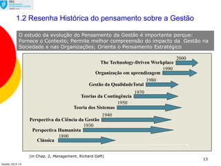Gestão 2013-14
13
1930
Perspectiva Humanista
1890
Clássica
1950
Teoria dos Sistemas
2000
The Technology-Driven Workplace
1990
Organização em aprendizagem
1970
Teorias da Contingência
1980
Gestão da QualidadeTotal
1940
Perspectiva da Ciência da Gestão
1.2 Resenha Histórica do pensamento sobre a Gestão
(in Chap. 2, Management, Richard Daft)
O estudo da evolução do Pensamento da Gestão é importante porque:
Fornece o Contexto; Permite melhor compreensão do impacto da Gestão na
Sociedade e nas Organizações; Orienta o Pensamento Estratégico
 