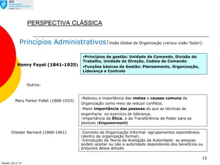 Gestão 2013-14
PERSPECTIVA CLÁSSICA
15
-Conceito de Organização Informal -agrupamentos espontâneos
(dentro da organização formal).
-Introdução da Teoria da Aceitação da Autoridade: as pessoas
podem aceitar ou não a autoridade dependendo dos benefícios ou
prejuízos dessa atitude.
Princípios Administrativos:Visão Global da Organização (versus visão Taylor):
Henry Fayol (1841-1925)
Outros:
Mary Parker Follet (1868-1933)
Chester Barnard (1868-1961)
-Relevou a importância das metas e causas comuns da
Organização como meio de reduzir conflitos.
-Maior importância das pessoas do que as técnicas de
engenharia no exercício de liderança.
-Importância da Ética, e da Transferência de Poder para as
pessoas (Empowerment)
•Princípios de gestão: Unidade de Comando, Divisão do
Trabalho, Unidade de Direção, Cadeia de Comando
•Funções básicas da Gestão: Planeamento, Organização,
Liderança e Controlo
 