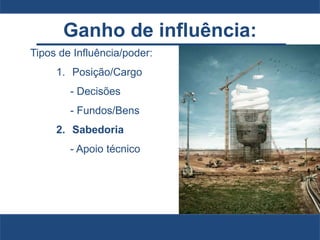 Ganho de influência:
Tipos de Influência/poder:
1. Posição/Cargo
- Decisões
- Fundos/Bens
2. Sabedoria
- Apoio técnico
 