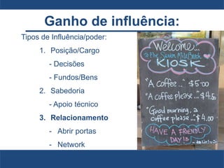 Ganho de influência:
Tipos de Influência/poder:
1. Posição/Cargo
- Decisões
- Fundos/Bens
2. Sabedoria
- Apoio técnico
3. Relacionamento
- Abrir portas
- Network
 