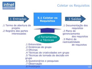 137
5.1 Coletar os
Requisitos
.1 Entradas
.1 Termo de abertura do
projeto
.2 Registro das partes
interessadas
.3 Saídas
.2 Ferramentas
e Técnicas
.1 Documentação dos
requisitos
.2 Plano de
gerenciamento
dos requisitos
.3 Matriz de
rastreabilidade
de requisitos.1 Entrevistas
.2 Dinâmicas de grupo
.3 Oficinas
.4 Técnicas de criatividades em grupo
.5 Técnicas de tomada de decisão em
grupo
.6 Questionários e pesquisas
.7 Observação
.8 Protótipos
Coletar os Requisitos
 