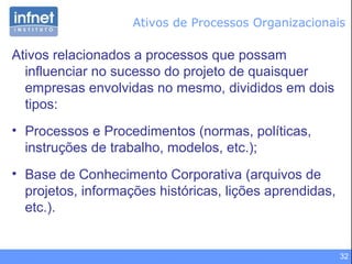 32
Ativos de Processos Organizacionais
Ativos relacionados a processos que possam
influenciar no sucesso do projeto de quaisquer
empresas envolvidas no mesmo, divididos em dois
tipos:
• Processos e Procedimentos (normas, políticas,
instruções de trabalho, modelos, etc.);
• Base de Conhecimento Corporativa (arquivos de
projetos, informações históricas, lições aprendidas,
etc.).
 