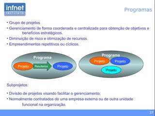 37
Programas
Projeto ProjetoResultados
Programa
Projeto Projeto
Projeto
Programa
• Grupo de projetos
• Gerenciamento de forma coordenada e centralizada para obtenção de objetivos e
benefícios estratégicos.
• Diminuição de risco e otimização de recursos.
• Empreendimentos repetitivos ou cíclicos.
Subprojetos:
• Divisão de projetos visando facilitar o gerenciamento;
• Normalmente contratados de uma empresa externa ou de outra unidade
funcional na organização.
 