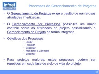 53
• O Gerenciamento de Projetos exige a gestão de numerosas
atividades interligadas.
• O Gerenciamento por Processos possibilita um maior
controle sobre as atividades do projeto possibilitando o
Gerenciamento do Projeto de forma integrada.
• Objetivos dos Processos:
- Iniciar
- Planejar
- Executar
- Monitorar e Controlar
- Encerrar
• Para projetos maiores, estes processos podem ser
repetidos em cada fase do ciclo de vida do projeto.
Processos de Gerenciamento de Projetos
 