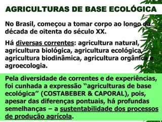 AGRICULTURAS DE BASE ECOLÓGICA
Há diversas correntes: agricultura natural,
agricultura biológica, agricultura ecológica,
agricultura biodinâmica, agricultura orgânica e
agroecologia.
No Brasil, começou a tomar corpo ao longo da
década de oitenta do século XX.
Pela diversidade de correntes e de experiências,
foi cunhada a expressão “agriculturas de base
ecológica” (COSTABEBER & CAPORAL), pois,
apesar das diferenças pontuais, há profundas
semelhanças – a sustentabilidade dos processos
de produção agrícola.
 