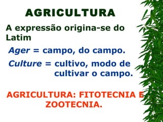 AGRICULTURA
A expressão origina-se do
Latim
Ager = campo, do campo.
Culture = cultivo, modo de
cultivar o campo.
AGRICULTURA: FITOTECNIA E
ZOOTECNIA.

 