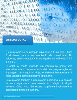 23http://lucamagalhaes.pro.br
SISTEMA OCTAL
É um sistema de numeração cuja base é 8, ou seja, utiliza
8 símbolos para a representação de quantidade. No
ocidente, estes símbolos são os algarismos arábicos: 0 1 2
3 4 5 6 7.
O octal foi muito utilizado em informática como uma
alternativa mais compacta ao binário na programação em
linguagem de máquina. Hoje, o sistema hexadecimal é
mais utilizado como alternativa ao binário.
Este sistema também é um sistema posicional e a posição
de seus algarismos determinada em relação à vírgula
decimal. Caso isso não ocorra, supõe-se implicitamente
colocada à direita do número.
 