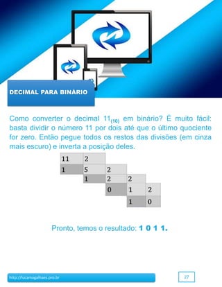 27http://lucamagalhaes.pro.br
DECIMAL PARA BINÁRIO
Como converter o decimal 11(10) em binário? É muito fácil:
basta dividir o número 11 por dois até que o último quociente
for zero. Então pegue todos os restos das divisões (em cinza
mais escuro) e inverta a posição deles.
Pronto, temos o resultado: 1 0 1 1.
 