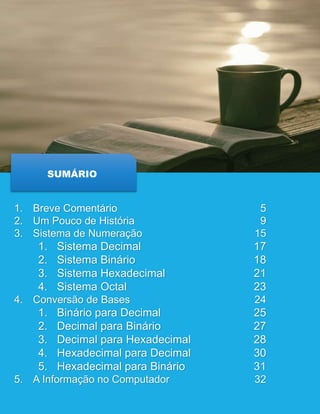 SUMÁRIO
1. Breve Comentário 5
2. Um Pouco de História 9
3. Sistema de Numeração 15
1. Sistema Decimal 17
2. Sistema Binário 18
3. Sistema Hexadecimal 21
4. Sistema Octal 23
4. Conversão de Bases 24
1. Binário para Decimal 25
2. Decimal para Binário 27
3. Decimal para Hexadecimal 28
4. Hexadecimal para Decimal 30
5. Hexadecimal para Binário 31
5. A Informação no Computador 32
 