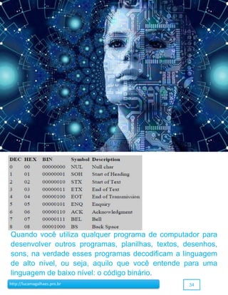34http://lucamagalhaes.pro.br
Quando você utiliza qualquer programa de computador para
desenvolver outros programas, planilhas, textos, desenhos,
sons, na verdade esses programas decodificam a linguagem
de alto nível, ou seja, aquilo que você entende para uma
linguagem de baixo nível: o código binário.
 