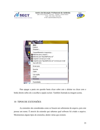 Para apagar a pasta em questão basta clicar sobre este e deletar ou clicar com o
botão direito sobre ele e escolher a opção excluir. Também ilustrada na imagem acima.



10 TIPOS DE EXTENSÕES

       As extensões são consideradas como se fossem um sobrenome do arquivo, pois este
possue um nome. É através da extensão que sabemos qual software foi criado o arquivo.
Mostraremos alguns tipos de extensões, dentre várias que existem.



                                                                                        35
 