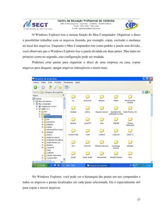 O Windows Explorer tem a mesma função do Meu Computador: Organizar o disco
e possibilitar trabalhar com os arquivos fazendo, por exemplo, cópia, exclusão e mudança
no local dos arquivos. Enquanto o Meu Computador traz como padrão a janela sem divisão,
você observará que o Windows Explorer traz a janela dividida em duas partes. Mas tanto no
primeiro como no segundo, esta configuração pode ser mudada.
       Podemos criar pastas para organizar o disco de uma empresa ou casa, copiar
arquivos para disquete, apagar arquivos indesejáveis e muito mais.




       No Windows Explorer, você pode ver a hierarquia das pastas em seu computador e
todos os arquivos e pastas localizados em cada pasta selecionada. Ele é especialmente útil
para copiar e mover arquivos.


                                                                                       37
 