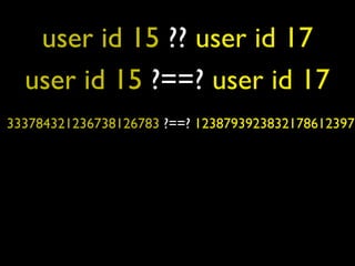user id 15 ?? user id 17
  user id 15 ?==? user id 17
333784321236738126783 ?==? 1238793923832178612397
 