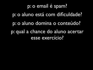 p: o email é spam?
p: o aluno está com diﬁculdade?
p: o aluno domina o conteúdo?
p: qual a chance do aluno acertar
          esse exercício?
 