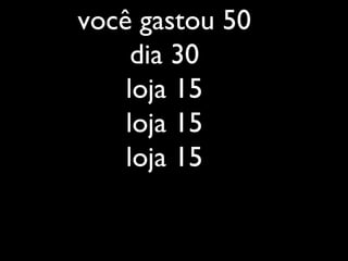 você gastou 50
dia 30
loja 15
loja 15
loja 15
 