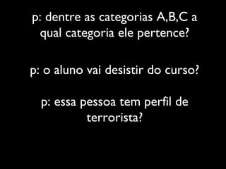 p: dentre as categorias A,B,C a
qual categoria ele pertence?
p: o aluno vai desistir do curso?
p: essa pessoa tem perfil de
terrorista?
 