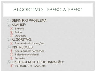 ALGORITMO - PASSO A PASSO
① DEFINIR O PROBLEMA
② ANÁLISE:
① Entrada
② Saída
③ Objetivos
③ ALGORITMO:
① Sequência de Instruções
④ INSTRUÇÕES:
① Sequência de comandos
② Seleção condicional
③ Iteração
⑤ LINGUAGEM DE PROGRAMAÇÃO:
① PYTHON, C++, JAVA, etc.
 