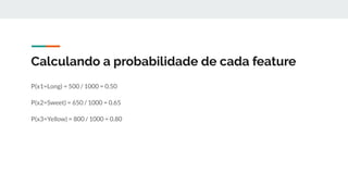 Calculando a probabilidade de cada feature
P(x1=Long) = 500 / 1000 = 0.50
P(x2=Sweet) = 650 / 1000 = 0.65
P(x3=Yellow) = 800 / 1000 = 0.80
 