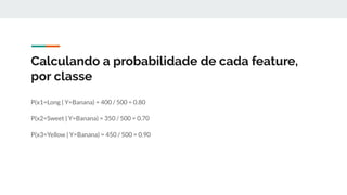 Calculando a probabilidade de cada feature,
por classe
P(x1=Long | Y=Banana) = 400 / 500 = 0.80
P(x2=Sweet | Y=Banana) = 350 / 500 = 0.70
P(x3=Yellow | Y=Banana) = 450 / 500 = 0.90
 
