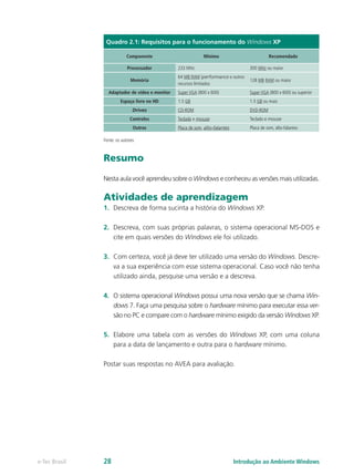 Quadro 2.1: Requisitos para o funcionamento do Windows XP
Componente Mínimo Recomendado
Processador 233 MHz 300 MHz ou maior
Memória
64 MB RAM (performance e outros
recursos limitados
128 MB RAM ou maior
Adaptador de vídeo e monitor Super VGA (800 x 600) Super VGA (800 x 600) ou superior
Espaço livre no HD 1.5 GB 1.5 GB ou mais
Drives CD-ROM DVD-ROM
Controles Teclado e mouse Teclado e mouse
Outros Placa de som, alto-falantes Placa de som, alto-falantes
Fonte: os autores
Resumo
Nesta aula você aprendeu sobre o Windows e conheceu as versões mais utilizadas.
Atividades de aprendizagem
1.	 Descreva de forma sucinta a história do Windows XP.
2.	 Descreva, com suas próprias palavras, o sistema operacional MS-DOS e
cite em quais versões do Windows ele foi utilizado.
3.	 Com certeza, você já deve ter utilizado uma versão do Windows. Descre-
va a sua experiência com esse sistema operacional. Caso você não tenha
utilizado ainda, pesquise uma versão e a descreva.
4.	 O sistema operacional Windows possui uma nova versão que se chama Win-
dows 7. Faça uma pesquisa sobre o hardware mínimo para executar essa ver-
são no PC e compare com o hardware mínimo exigido da versão Windows XP.
5.	 Elabore uma tabela com as versões do Windows XP, com uma coluna
para a data de lançamento e outra para o hardware mínimo.
Postar suas respostas no AVEA para avaliação.
Introdução ao Ambiente Windowse-Tec Brasil 28
 