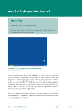 e-Tec Brasil
Aula 3 – Ambiente Windows XP
Objetivos
Aprender a manusear o Windows XP.
Compreender as principais funcionalidades e opções de acesso
que esse ambiente tem a oferecer.
3.1 Área de trabalho ou desktop
Figura 3.1: Área de trabalho ou desktop do Windows XP
Fonte: Print Screen Windows XP
A área de trabalho ou desktop do Windows XP consiste de um ambiente
gráfico adequado ao usuário, onde ele possa abrir algumas janelas de
programas e efetuar operações básicas sobre as janelas abertas e sobre o
ambiente em si (WINDOW XP; 2010). Há ambientes gráficos (gerenciadores
de janelas) que permitem ao usuário ter mais de uma área de trabalho ao
mesmo tempo, com boa distribuição das janelas dos programas abertos
entre elas para uma melhor organização.
A área de trabalho ou desktop está menos poluída, apresentando somente
o ícone da lixeira. Dessa forma, você poderá personalizá-la de acordo com a
sua necessidade seu ambiente.
e-Tec BrasilAula 3 – Ambiente Windows XP 29
 