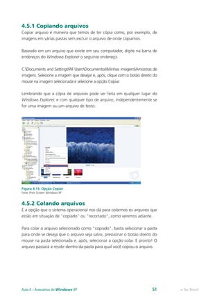 4.5.1 Copiando arquivos
Copiar arquivo é maneira que temos de ter cópia como, por exemplo, de
imagens em várias pastas sem excluir o arquivo de onde copiamos.
Baseado em um arquivo que existe em seu computador, digite na barra de
endereços do Windows Explorer o seguinte endereço:
C:Documents and SettingsAll UsersDocumentosMinhas imagensAmostras de
imagens. Selecione a imagem que desejar e, após, clique com o botão direito do
mouse na imagem selecionada e selecione a opção Copiar.
Lembrando que a cópia de arquivos pode ser feita em qualquer lugar do
Windows Explorer, e com qualquer tipo de arquivo, independentemente se
for uma imagem ou um arquivo de texto.
Figura 4.15: Opção Copiar
Fonte: Print Screen Windows XP
4.5.2 Colando arquivos
É a opção que o sistema operacional nos dá para colarmos os arquivos que
estão em situação de “copiado” ou “recortado”, como veremos adiante.
Para colar o arquivo selecionado como “copiado”, basta selecionar a pasta
para onde se deseja que o arquivo seja salvo, pressionar o botão direito do
mouse na pasta selecionada e, após, selecionar a opção colar. E pronto! O
arquivo passará a residir dentro da pasta para qual você copiou o arquivo.
e-Tec BrasilAula 4 – Acessórios do Windows XP 51
 