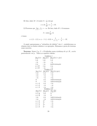 1
   De fato, dado M > 0 existe δ =      M   tal que
                                       1    1
                             x ∈ (0,     ) ⇒ > M.
                                       M    x
                            1
   2) Provemos que lim     x−1   = −∞. De fato, dado M > 0 tomamos
                    x→1−

                                                1
                                 δ = min{         , 1}
                                                M
e temos
                                                        1     1
           x ∈ (1 − δ, 1) ⇒ x − 1 ∈ (−δ, 0) ⇒              < − < −M.
                                                       x−1    δ

    A seguir apresentamos a ”aritm´tica do inﬁnito” isto ´ , estabelecemos as
                                      e                    e
rela¸˜es entre os limites inﬁnitos e as opera¸˜es. Deixamos a prova do teorema
    co                                       co
como exerc´ıcio.

   Teorema: Sejam f, g : I → R deﬁnidas numa vizinhan¸a de p ∈ R , exceto
                                                     c
possivelmente em p . Valem as seguintes tabelas:
                                    TABELA I
                    lim f (x )   lim g(x ) lim (f (x ) + g(x )
                    x→p          x→p            x→p
                    +∞         +∞        +∞
                    −∞         −∞        −∞
                    +∞         −∞        indetermina¸˜o
                                                      ca
                    α∈R        +∞        +∞
                    α∈R        −∞        −∞
                                 TABELA II
                    lim f (x ) lim g(x ) lim f (x ).g(x )
                    x→p          x→p             x→p
                    +∞         +∞        +∞
                    +∞         −∞        −∞
                    −∞         −∞        +∞
                    0          +∞        indetermina¸˜o
                                                    ca
                    0          −∞        indetermina¸˜o
                                                    ca
                    α>0        +∞        +∞
                    α>0        −∞        −∞
                    α<0        −∞        +∞
                                TABELA III
                    lim f (x ) lim g(x ) lim f (x)
                                             g(x)
                    x→p          x→p             x→p
                    α∈R          +∞              0
                    α∈R          −∞              0
                    +∞           +∞              indetermina¸˜o
                                                            ca
                    +∞           −∞              indetermina¸˜o
                                                            ca
                    α>0          0+              +∞
                    α>0          0−              −∞
                    α<0          0+              −∞
                    α<0          0−              +∞

                                           24
 