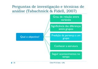 Perguntas de investigação e técnicas de
análise (Tabachnick & Fidell, 2007)
                             Grau de relação entre
                                   variáveis

                          Significância das diferenças
                                  entre grupos

                           Predição da pertença a um
     Qual o objectivo?
                                     grupo

                               Conhecer a estrutura

                            Seguir acontecimentos no
                                      tempo

26                       Célia M. D. Sales - UAL
 