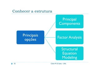 Conhecer a estrutura

                                Principal
                               Components

     Principais
                            Factor Analysis
      opções

                                  Structural
                                   Equation
                                  Modeling
35                 Célia M. D. Sales - UAL
 