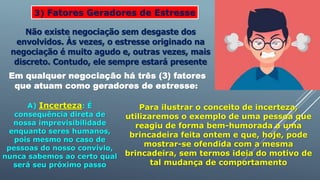 3) Fatores Geradores de Estresse
Não existe negociação sem desgaste dos
envolvidos. Às vezes, o estresse originado na
negociação é muito agudo e, outras vezes, mais
discreto. Contudo, ele sempre estará presente
Em qualquer negociação há três (3) fatores
que atuam como geradores de estresse:
A) Incerteza: É
consequência direta de
nossa imprevisibilidade
enquanto seres humanos,
pois mesmo no caso de
pessoas do nosso convívio,
nunca sabemos ao certo qual
será seu próximo passo
Para ilustrar o conceito de incerteza,
utilizaremos o exemplo de uma pessoa que
reagiu de forma bem-humorada a uma
brincadeira feita ontem e que, hoje, pode
mostrar-se ofendida com a mesma
brincadeira, sem termos ideia do motivo de
tal mudança de comportamento
 