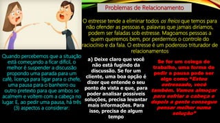Problemas de Relacionamento
O estresse tende a eliminar todos os freios que temos para
não ofender as pessoas e, palavras que jamais diríamos,
podem ser faladas sob estresse. Magoamos pessoas a
quem queremos bem, por perdermos o controle do
raciocínio e da fala. O estresse é um poderoso triturador de
relacionamentos
Quando percebemos que a situação
está começando a ficar difícil, o
melhor é suspender a discussão
propondo uma parada para um
café, licença para ligar para o chefe,
uma pausa para o banheiro ou
outro pretexto para que ambos se
acalmem e voltem com a cabeça no
lugar. E, ao pedir uma pausa, há três
(3) aspectos a considerar:
a) Deixe claro que você
não está fugindo da
discussão. Se for um
cliente, uma boa opção é
dizer que entende o seu
ponto de vista e que, para
poder analisar possíveis
soluções, precisa levantar
mais informações. Para
isso, precisa de algum
tempo
Se for um colega de
trabalho, uma forma de
pedir a pausa pode ser
algo como “Estou
estressado, você
também. Vamos almoçar
para esfriar a cabeça e
depois a gente consegue
pensar melhor numa
solução”
 