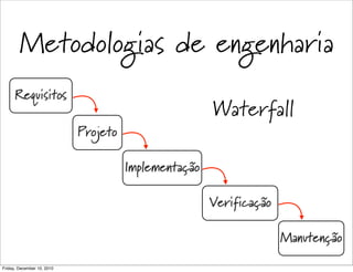 Metodologias de engenharia
      Requisitos
                                                      Waterfall
                            Projeto

                                      Implementação

                                                      Verificação

                                                                    Manutenção

Friday, December 10, 2010
 
