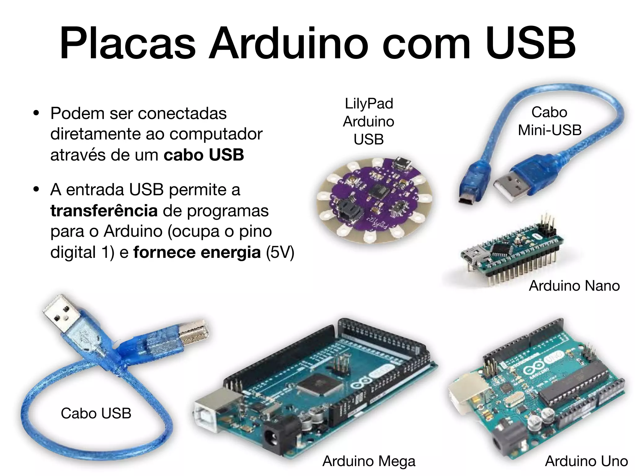 Placas Arduino com USB
• Podem ser conectadas
diretamente ao computador
através de um cabo USB

• A entrada USB permite a
transferência de programas
para o Arduino (ocupa o pino
digital 1) e fornece energia (5V)
Cabo

Mini-USB
Cabo USB
LilyPad
Arduino
USB
Arduino Nano
Arduino Mega Arduino Uno
 