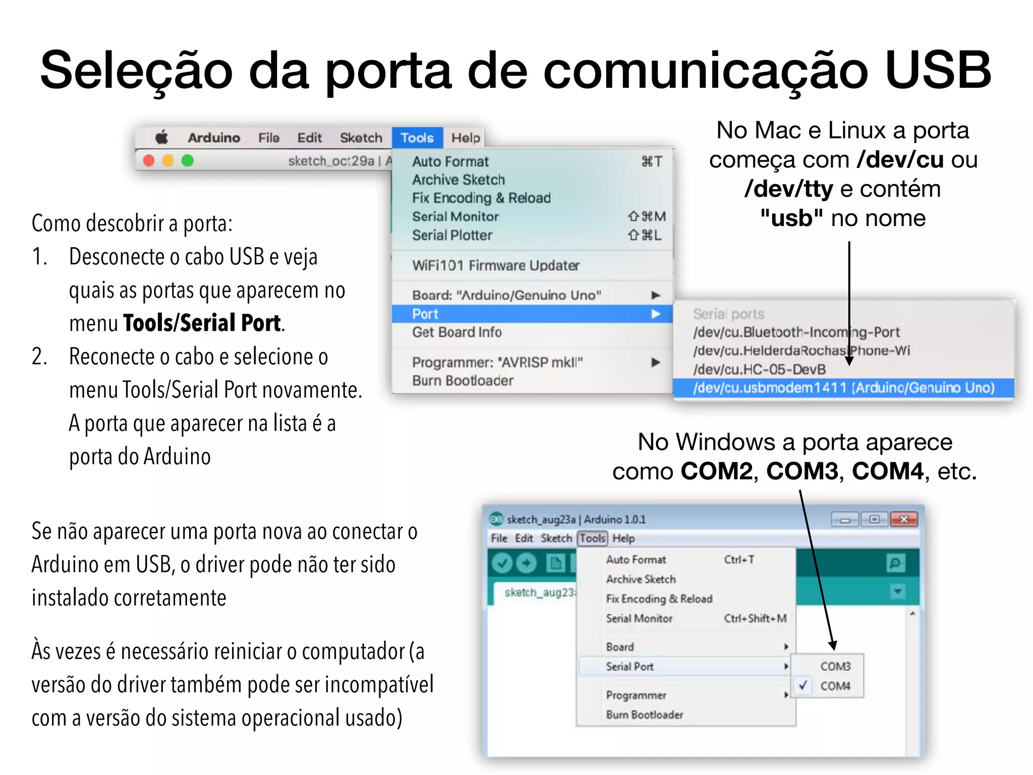 Seleção da porta de comunicação USB
Como descobrir a porta:
1. Desconecte o cabo USB e veja
quais as portas que aparecem no
menu Tools/Serial Port.
2. Reconecte o cabo e selecione o
menu Tools/Serial Port novamente.
A porta que aparecer na lista é a
porta do Arduino
No Windows a porta aparece
como COM2, COM3, COM4, etc.
No Mac e Linux a porta
começa com /dev/cu ou
/dev/tty e contém
"usb" no nome
Se não aparecer uma porta nova ao conectar o
Arduino em USB, o driver pode não ter sido
instalado corretamente
Às vezes é necessário reiniciar o computador (a
versão do driver também pode ser incompatível
com a versão do sistema operacional usado)
 