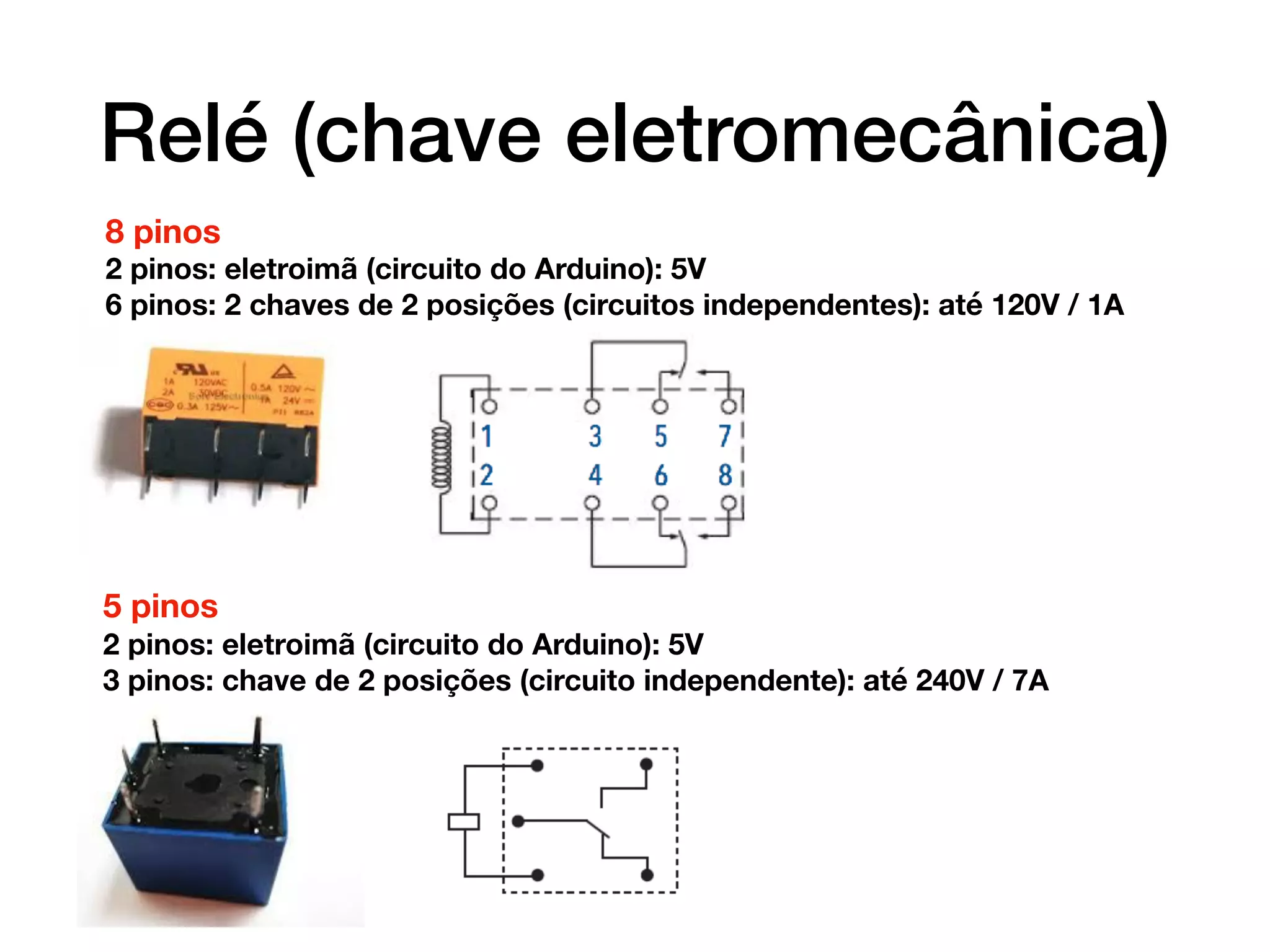 Relé (chave eletromecânica)
8 pinos
2 pinos: eletroimã (circuito do Arduino): 5V
6 pinos: 2 chaves de 2 posições (circuitos independentes): até 120V / 1A
5 pinos
2 pinos: eletroimã (circuito do Arduino): 5V
3 pinos: chave de 2 posições (circuito independente): até 240V / 7A
 