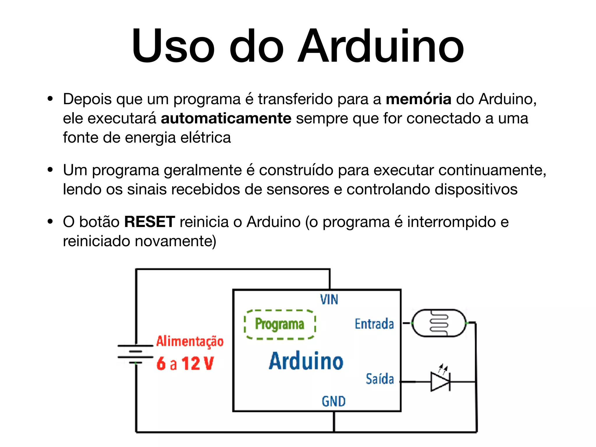 Uso do Arduino
• Depois que um programa é transferido para a memória do Arduino,
ele executará automaticamente sempre que for conectado a uma
fonte de energia elétrica

• Um programa geralmente é construído para executar continuamente,
lendo os sinais recebidos de sensores e controlando dispositivos

• O botão RESET reinicia o Arduino (o programa é interrompido e
reiniciado novamente)
 