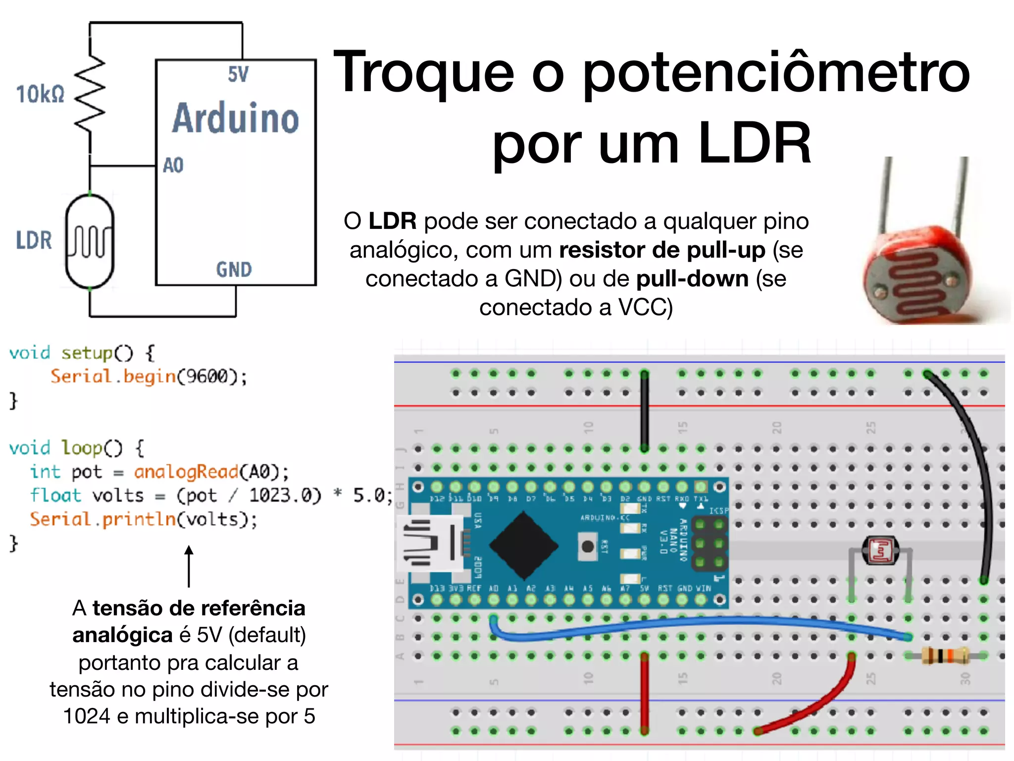 Troque o potenciômetro
por um LDR
O LDR pode ser conectado a qualquer pino
analógico, com um resistor de pull-up (se
conectado a GND) ou de pull-down (se
conectado a VCC)
A tensão de referência
analógica é 5V (default)
portanto pra calcular a
tensão no pino divide-se por
1024 e multiplica-se por 5
 