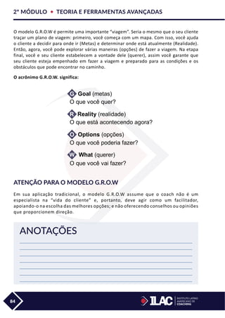 2º MÓDULO  TEORIA E FERRAMENTAS AVANÇADAS
84
INSTITUTO LATINO
INSTITUTO LATINO
AMERICANO DE
COACHING
O modelo G.R.O.W é permite uma importante “viagem”. Seria o mesmo que o seu cliente
traçar um plano de viagem: primeiro, você começa com um mapa. Com isso, você ajuda
o cliente a decidir para onde ir (Metas) e determinar onde está atualmente (Realidade).
Então, agora, você pode explorar várias maneiras (opções) de fazer a viagem. Na etapa
final, você e seu cliente estabelecem a vontade dele (querer), assim você garante que
seu cliente esteja empenhado em fazer a viagem e preparado para as condições e os
obstáculos que pode encontrar no caminho.
O acrônimo G.R.O.W. significa:
Atenção para o modelo G.R.O.W
Em sua aplicação tradicional, o modelo G.R.O.W assume que o coach não é um
especialista na “vida do cliente” e, portanto, deve agir como um facilitador,
apoiando-o na escolha das melhores opções; e não oferecendo conselhos ou opiniões
que proporcionem direção.
ANOTAÇÕES
 