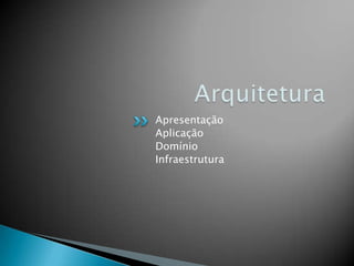 Apresentação
Aplicação
Domínio
Infraestrutura
 