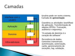 Usuário pode ser outro sistema.
Camada de apresentação

Coordena as atividades (workflow)
da aplicação. Transformação de
objetos (DTOs). Transação,
auditoria e segurança.
“A camada de domínio é o
coração do software”

Persistência de dados.
Conceitos transversais:
autenticação, autorização,
cache, gerenciamento de
exceções, log, validação.
 