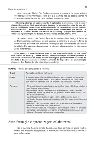25
O que é o e-learning

          Já o norueguês Morten Flat Paulsen acentua a importância de outros veículos
       de distribuição da informação. Para ele, o e-learning não se baseia apenas na
       formação através da Internet, mas também em outros canais.

       «E-learning: abrange um vasto conjunto de aplicações e processos, como a apren-
   dizagem baseada na Web, aprendizagem baseada no computador, salas de aula vir-
   tuais e colaboração digital. Inclui a disponibilização de conteúdos através da Internet,
   Intranet/Extranet (LAN/WAN), cassetes áudio e vídeo, transmissão por satélite, TV
   Interactiva e CD-Rom», Morten Flat Paulsen in E-Learning - O papel dos Sistemas de
   Gestão da Aprendizagem na Europa, Vários autores, Lisboa, Inofor, 2002.

          No mesmo sentido, Jim Devine, Director do Institute of Art, Design & Technolo-
       gy Dun Laoghaire, na Irlanda, prefere associar o e-learning a uma nova forma de
       estar na vida, baseada num ambiente tecnológico que se caracteriza pela instan-
       taneidade. Por exemplo, das compras via Internet, a banca on-line ou das mensa-
       gens instantâneas.

      «Com certeza, o e-learning não é mais do que uma manifestação do que pode-
   mos chamar de e-vida [...] nesse sentido, devemos começar por tentar perceber a
   dimensão sociocultural do nosso mundo tecnológico, particularmente o sentido do
   imediato e de presença que assimilamos através de dispositivos de comunicação
   ubíquos», Jim Devine (in site e-learningeuropa.info).


QUADRO 1 • Dados para compreender o e-learning

 O quê                 Formação a distância via Internet

 Como                  A aprendizagem é feita através da Internet. Os conteúdos encontram-se
                       on-line e para aceder a eles o aluno precisa apenas de um computador
                       com acesso à Internet e com um programa de navegação (browser)

 Para quê              • Uma aprendizagem mais eficaz: o aluno define o seu método de estudo e o
                         seu ritmo de aprendizagem
                       • Um ensino à medida da disponibilidade do aluno: os conteúdos estão
                         disponíveis on-line, 24 horas por dia, podendo aceder a eles quando lhe
                         for mais conveniente
                       • Aprendizagem em qualquer lugar: o aluno pode aceder a aulas e
                         conteúdos de aprendizagem em qualquer lugar (em casa, no escritório, em
                         viagem, etc.)
                       • Formação com custos mais baixos: não há necessidade de deslocar
                         alunos e professores para salas de aula
                       • Ensino mais versátil: os conteúdos de aprendizagem podem ser alterados,
                         corrigidos e actualizados com rapidez e facilidade, proporcionando ao
                         aluno a informação mais recente e mais actual




Auto-formação e aprendizagem colaborativa
          No e-learning, há uma divisão básica, que deve ser tida em conta relativa-
       mente aos modelos pedagógicos: o ensino por auto-formação e a aprendiza-
       gem colaborativa.
 