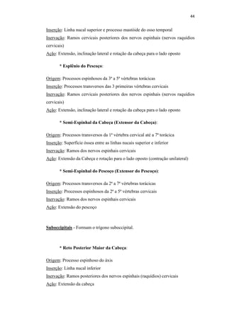 44


Inserção: Linha nucal superior e processo mastóide do osso temporal
Inervação: Ramos cervicais posteriores dos nervos espinhais (nervos raquídios
cervicais)
Ação: Extensão, inclinação lateral e rotação da cabeça para o lado oposto

       * Esplênio do Pescoço:

Origem: Processos espinhosos da 3ª a 5ª vértebras torácicas
Inserção: Processos transversos das 3 primeiras vértebras cervicais
Inervação: Ramos cervicais posteriores dos nervos espinhais (nervos raquídios
cervicais)
Ação: Extensão, inclinação lateral e rotação da cabeça para o lado oposto

       * Semi-Espinhal da Cabeça (Extensor da Cabeça):

Origem: Processos transversos da 1ª vértebra cervical até a 7ª torácica
Inserção: Superfície óssea entre as linhas nucais superior e inferior
Inervação: Ramos dos nervos espinhais cervicais
Ação: Extensão da Cabeça e rotação para o lado oposto (contração unilateral)

       * Semi-Espinhal do Pescoço (Extensor do Pescoço):

Origem: Processos transversos da 2ª a 7ª vértebras torácicas
Inserção: Processos espinhosos da 2ª a 5ª vértebras cervicais
Inervação: Ramos dos nervos espinhais cervicais
Ação: Extensão do pescoço



Suboccipitais - Formam o trígono suboccipital.



       * Reto Posterior Maior da Cabeça:

Origem: Processo espinhoso do áxis
Inserção: Linha nucal inferior
Inervação: Ramos posteriores dos nervos espinhais (raquídios) cervicais
Ação: Extensão da cabeça
 