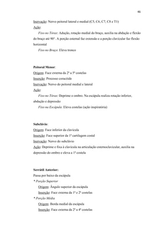 46


Inervação: Nervo peitoral lateral e medial (C5, C6, C7, C8 e T1)
Ação:
   Fixo no Tórax: Adução, rotação medial do braço, auxilia na abdução e flexão
do braço até 90°. A porção esternal faz extensão e a porção clavicular faz flexão
horizontal
   Fixo no Braço: Eleva tronco




Peitoral Menor:
Origem: Face externa da 2ª a 5ª costelas
Inserção: Processo coracóide
Inervação: Nervo do peitoral medial e lateral
Ação:
   Fixo no Tórax: Deprime o ombro. Na escápula realiza rotação inferior,
abdução e depressão
   Fixo na Escápula: Eleva costelas (ação inspiratória)




Subclávio:
Origem: Face inferior da clavícula
Inserção: Face superior da 1ª cartilagem costal
Inervação: Nervo do subclávio
Ação: Deprime e fixa à clavícula na articulação esternoclavicular, auxilia na
depressão do ombro e eleva a 1ª costela




Serrátil Anterior:
Passa por baixo da escápula
* Porção Superior
   Origem: Ângulo superior da escápula
   Inserção: Face externa da 1ª e 2ª costelas
* Porção Média
   Origem: Borda medial da escápula
   Inserção: Face externa da 2ª a 4ª costelas
 